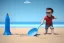 Placeholder: Toddler Elon Musk building a tall skinny space sandrocket on the beach, Blue shovel, plastic bucket, sunglass