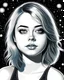 Placeholder: Beautiful black and white pencil drawing of actress, Emma Stone when she was 25 years old. She is wearing a low cut sundress. It is night time and we see the moon and stars behind her. She has long blonde hair. She is looking at the viewer.