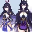 Placeholder: Clear focus,High resolution, Black long fluffy hair, and purple eyes, wearing a Genshin Impact Inspired Outfit,Detailed Clothes,A little bit revealing, must wear a short skirt, concept art