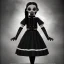 Placeholder: Jenna ortega as wednesday addams with wednesday addams dress,soft libstick, wednesday addams make up, overknee socks,fantasy art, dramatic lighting, highly detailed oil painting, volumetric lighting