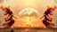 Placeholder: a nuclear explosion cloud(middle), the wind and smoke from the explosion forming shapes of dancing indian women(left and right sides), religiose art, fantacy