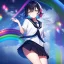 Placeholder: Clear focus,High resolution, Black and Rainbow short fluffy hair, and rainbow eyes, wearing a sailor uniform, must wear a short skirt with a horizontal line