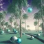 Placeholder: 1980's aesthetic vaporwave curvy palm trees with spheres and ufo