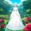 Placeholder: gorgeous anime girl wearing a yellow and white dress ,standing in a meadow of flowers, spreading rose pedals on the ground. beautiful eyes and a stunning smile, blue eyes, two blue eyes, perfect nose and rosy cheeks and red lips