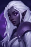 Placeholder: Dungeons and Dragons portrait of the face of a drow rogue blessed by eilistraee. She has purple eyes, pale armor, white hair, and is surrounded by moonlight. Has a playful demeanor, looks to be in her early twenties