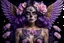 Placeholder: beautifull girl sugarskull,whit tattoo, pretty eyes, big wings, photography, volumetric lighting, ultra-detailed photography, black background, Perfect anatomy, super high resolution + UHD + HDR + highly detailed, hyperrealistic, dynamic lighting, purple, gold, PINK colors, STARS BACK AND MOON, FLOWERS PURPLE ARROUND