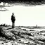 Placeholder: a alone man. pen and ink, birds eye view, illustrated by hergé, Background space and earth