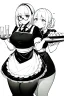 Placeholder: waitress carries tray with glasses in a cafe bar, line arts, greyscale