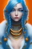 Placeholder: human kingfisher girl with blue hair and orange strand of hair wearing a blue winter coat and a gold necklace. kingfisher sitting on top of her head