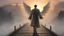 Placeholder: constantine, walking straight ahead over a wooden bridge, holding the angel of death with your right hand, entering the fog at the end of the road that leads to the afterlife, and a beautiful sunset and galaxy's behind the fog, realistic