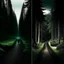 Placeholder: left side of the picture shows a dark metropole, right sight of the picture showsa beautiful forest, in the middle there's a road leading from the city to the forest, a lonely figure walking on it