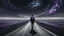 Placeholder: A solitary androgynous figure seen from behind, carrying an oversized heavy backpack, walking alone along a long winding road floating on a vast dark sky. Surreal abstract dreamscape, the road curving into endless darkness, abyss, mist, uncertainty and emotional weight, alone caracter, black gray, Dark blue, charcoal and muted purple tones, deep sky, digital art, etheral, atmospheric