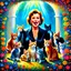 Placeholder: A mesmerizing fantasy scene features a French actor, Hélène Rollès, surrounded by a plethora of cats, all displaying delighted expressions. Surrounding the actor are peculiar, brightly colored flowers, which add a sense of whimsy and intrigue to the composition. Employing chiaroscuro and intense colors, the artwork boasts a colorful, vibrant background that enhances the depth of color throughout the piece. Exquisite details and perfect composition are evident, while natural lighting adds to the