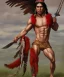 Placeholder: Guaicaipuro, native american god warrior, long black hair, big muscles, red feathers headdress, shirtless, holding a stone tip spear