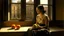Placeholder: Painting of a mixed-race woman wearing a short-sleeved black shirt and a long beige skirt, sitting by a large window, holding a white plate with five oranges. In the background, a narrow street with buildings on both sides, with people walking and sitting, can be seen through the window. Oil painting with soft, diffuse lighting and rough textures.