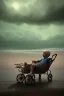 Placeholder: young boy beside dead man on beach, dark storm clouds overhead, gloomy, bleak, shopping trolley on side, dusk. the road cormac mccarthy