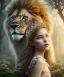 Placeholder: Young beautiful girl wearing floral crown with a majestic, stunning lion on nature forest path, Chronicles of Narnia, 8k resolution, high-quality, fine-detail, iridescent, intricate, digital art, detailed matte, volumetric lighting, beautiful, illustration, 3D octane render, brian froud, howard lyon, selina french, anna dittmann, annie stokes, lisa parker, greg rutowski,