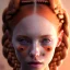 Placeholder: Clothless girl, cute, beautiful, orange hair, two braids, wild bangs, blue eyes, big eyes, freckles, long eyelashes, pink lipstick, thin lips, small nose, Gillian from Practical Magic, 8k resolution concept art portrait by Greg Rutkowski