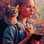 Placeholder: captivating and inspiring cinematic poster that features a young, determined girl and her brave Siamese cat. The girl, with her flowing hair, gazes intently ahead, clutching her sketchbook close to her chest. Her loyal feline companion, perched on her shoulder, looks ahead with unwavering confidence. The artistic style masterfully combines pointillism, realism, and fauvism, resulting in a visually striking blend of bold colors and intricate details. The background showcases a vibrant cityscape w