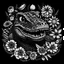 Placeholder: black and white alligator face between seeds and big flowers. black background. for a coloring.