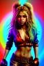 Placeholder: portrait, Shakira, blonde artist, angry, Realistic image, boxing robe, hoodie dress. loose long hair, eyes make up, perfect, glow, circle iris. Neon colors, leds, geometric shapes. Dark background, photo studio, neon lights. Mad max, concept art, smooth, unreal engine 5, god lights, ray tracing, RTX, lumen lighting, ultra detail, volumetric lighting, 3d, finely drawn, high definition, 4k.