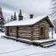 Placeholder: wood log cabin with two doors and two windows and chimney in the snow