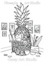 Placeholder: Pineapple Cozy Art Studio Coloring Page: A pineapple cross-section displaying an art studio. Features an easel, paint palettes, brushes, and artworks hung on the walls.