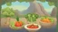 Placeholder: illustration for game. some vegetables bowls on a large island