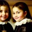 Placeholder: portrait of sisters Eira Santiago Arnau(10 year old, dark blonde) and Dalia Santiago Arnau (6 year old, brunette) by Velazquez,smiling, oil on canvas, cinematic composition, extreme detail,8k,fit full head inside picture,