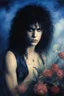 Placeholder: Chiaroscuro lighting, deep shadows, rich deep colors, facial portraits, 1980, 16-year-old Paul Stanley, ((1980's big hair, long, teased up Spikey Motley Crue style hair)), black hair, facial portraits, foggy, cloudy blue wall with assorted designs and multiple floral arrangements in the background, 4k, 8k, 16k, 32k, 100k UHD, Ultra-Hyper Resolution, dark, sultry eyeshadow, eyeliner, mascara, rouge, lipstick, from the rock and roll band KISS