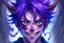 Placeholder: Young anime man with demon horns, fangs, messy purple hair and blue eyes