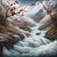 Placeholder: Rustic cherry branch floating down narrow rushing river, violent rapids, white peaks, birds flying. Highly detailed, fantasy, beautiful,hyperrelastic,