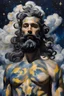 Placeholder: Otherworldly, Otherworldly, George Baselitz Iris Van Harpen handsome young stoic bearded ZEUS open the clouds starry skies thunders, detail faces and body parts, total body-paint glitter, back view