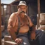 Placeholder: photography of a marocan ugly burly serious wet sweaty, beefy strong fat carpenter, shirtless, in overall, bulge, manly chest, big salt-and-pepper mustache 52 years old, short hair, sitting with open legs on a little chair , on a construction site in the middle of a road, under the August sun, emotional eyes, , hyper-realistic, photorealistic , frontal view from the ground