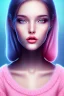 Placeholder: woman, beautiful, soft face, brwon hair, brown eyes, pink lips, blue jumper