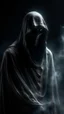 Placeholder: In a mesmerizing and ethereal manner, an otherworldly being emerges in the form of a translucent grey hood ghost. flowing smoky black robes. Forward facing