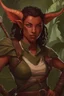 Placeholder: A DnD character. A female horned Tiefling ranger in a jungle. The Tiefling has a little dinosaur on her shoulder and a rapier in her hand.