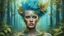 Placeholder: blue background, punk 45 years old, forest on the head, plant hair, green plants, golden birds, golden makeup, tattoo, shiny aura, very detailed, fine rendering, high detail, high resolution, 8K