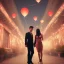 Placeholder: A professional night shot of a romantic far future city, seoul, couple holding hands, trending on Artstation, sharp soft focus, highly detailed, crowded, red balloons falling. A beautiful curvaceous Peruvian woman with long straight black hair, wearing a deep V-neck pink lace dress, enchanting, magical, ethereal, intricate, sharp, hazy lighting. Painting, high quality, Ultra quality 8k. A boy like chanyeol, korean, kpop, 183 cm, tall, handsome