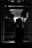 Placeholder: mujer mirando por un ventanal hacia un parque con arboles, en un atardecer. paleta de colores naranjas negro y blanco. sensacion de melancolia
