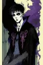 Placeholder: 17 year old boy, necromancer, friendly, looks dead, surrounded by weird smoke with eyes, wearing black robes, in the style of Harry Clarke