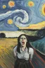 Placeholder: Artwork entitled "screaming into the void" has a woman screaming in a similar manner to Edvard Munch's "The Scream" caught in a rotating vortex of land meeting sea meeting sky stylized like a post-impressionist painting; symbolism; lowbrow