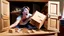 Placeholder: woman starts frantically tearing through a very large door sized box the kitchen table was delivered in