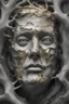 Placeholder: surrealis monochrome A fragmented, surreal sculpture liguid color of photorealistic image 3d,psychedelic art of trump mad face glossy emerging from dreamlike a crumbling building. The face appears pale with deep cracks and intricate details, evoking a haunting expression. Blackened tree branches intertwine with the gold mengkilat cracks, set against a backdrop of stormy, cloud-filled skies. bauhaus art The overall tone is dark and moody, suggesting themes of decay and transformation. Include