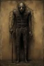 Placeholder: The full body of a prisoner man with iron mask holding a bat, Scary face , decayed and rotting with grotesque proportions and imagery. abstract grotesqueries, detailed texture, surreal horror, biomechanical design, by hr giger and beksinski