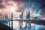 Placeholder: Dreamlike Skyline of Downtown futuristic hightech city in 4050 and a stunning futuristic Bridge During. dark sky, grey and black clouds , storm, dark azur-blue river, cold colors, come storm, rain, high detalied, sci-fi, landscape