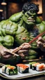 Placeholder: a hulk eating sushi with chopsticks, quality, full, raw photo, 8K UHD, police