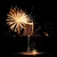 Placeholder: Surreal champagne glass bursting with fireworks, concept art, minimalism, dark background, brilliant firework exploding, double exposure text "2025" in block letters in the background