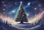 Placeholder: decorated Christmas tree standing in the universe on the planet Earth like little prince against a background of breathtaking stars