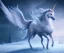 Placeholder: surreal illustration of a unicorn on frozen ground, realistic, surrealism, surreal unicorn with glowing wings, glowing soft and smooth wings, shadow, abstract surreal fantasy art, highly detailed, intricate patterns on wings, soft studio lighting, smooth dark blue background 64k